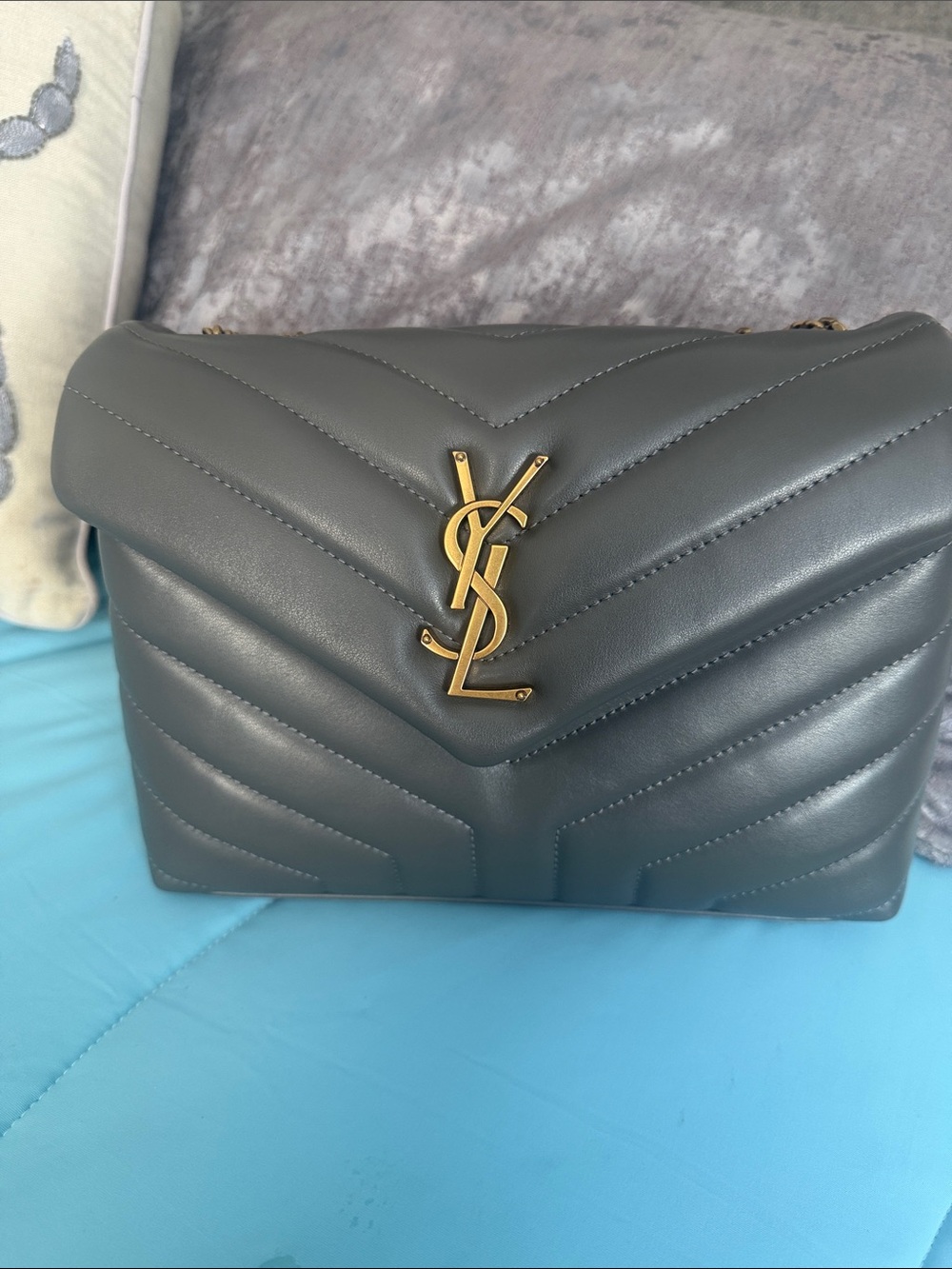 Saint Laurent Gray Chevron Quilted Shoulder Bag with Gold YSL Hardware